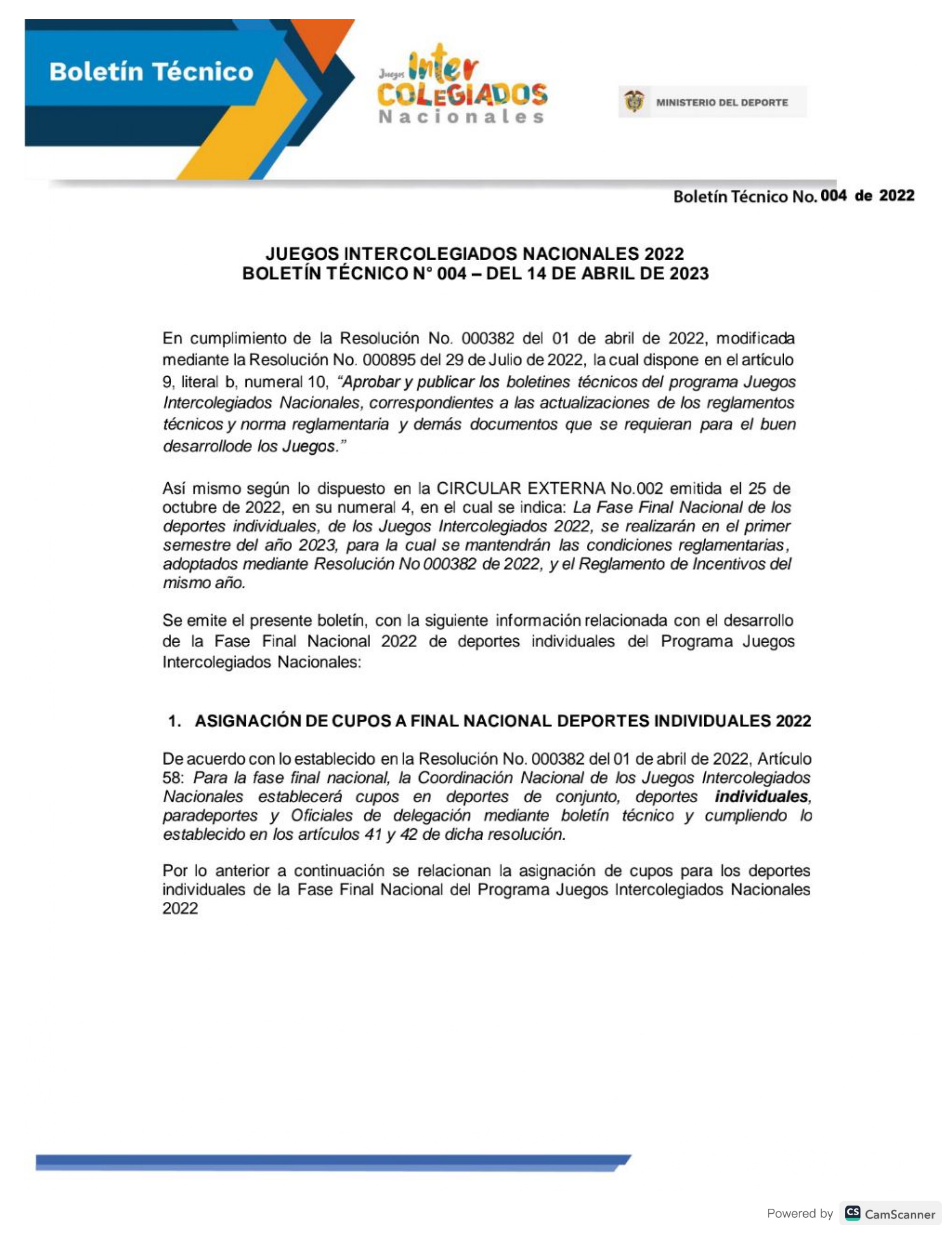 BOLETÍN TÉCNICO 004 MINISTERIO DEL DEPORTE - JUEGOS INTERCOLEGIADOS NACIONALES 2022